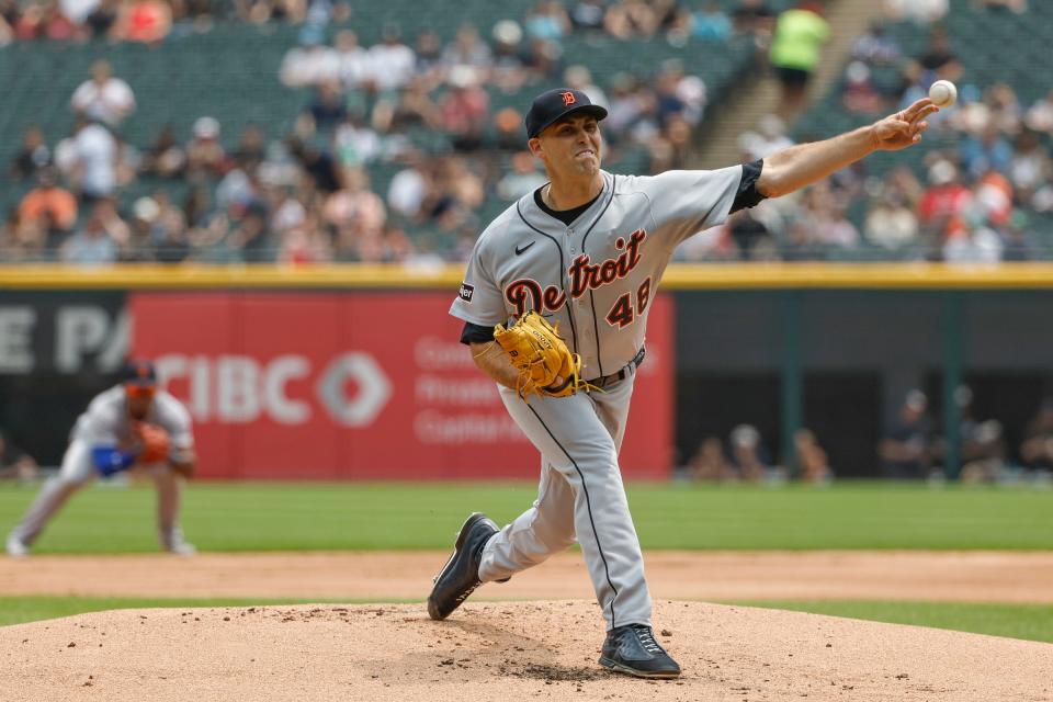 Jun 4, 2023; Chicago, Illinois, USA; Detroit Tigers starting pitcher Matthew Boyd (48) pitches against the Chicago White Sox during the first inning at Guaranteed Rate Field. Mandatory Credit: Kamil Krzaczynski-USA TODAY Sports