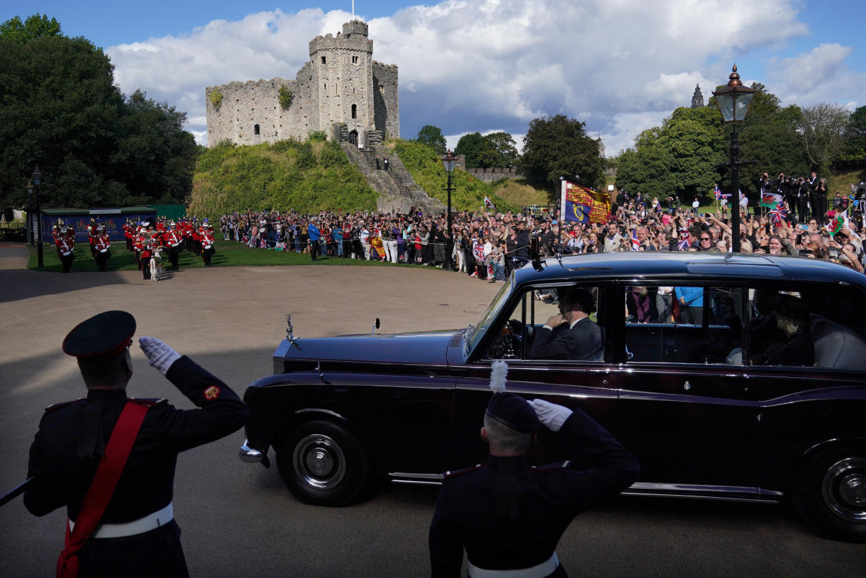 King Charles III and the Queen Consort arriving at Cardiff Castle in Wales. Picture date: Friday September 16, 2022.