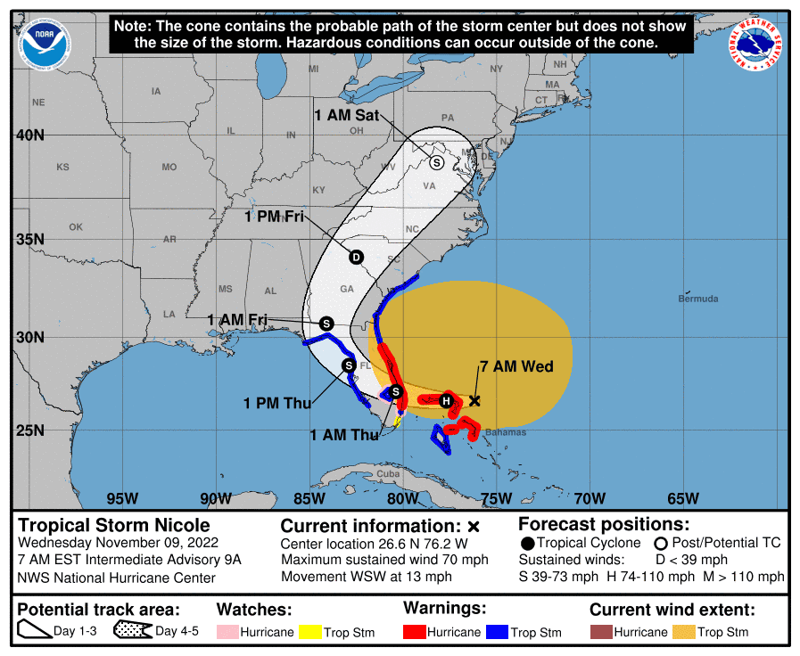 The latest track of Tropical Storm Nicole as of 7 a.m. Wednesday, Nov. 9