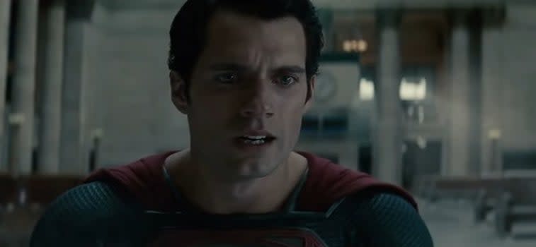 Superman on his knees after just killing Zod in "Man of Steel"