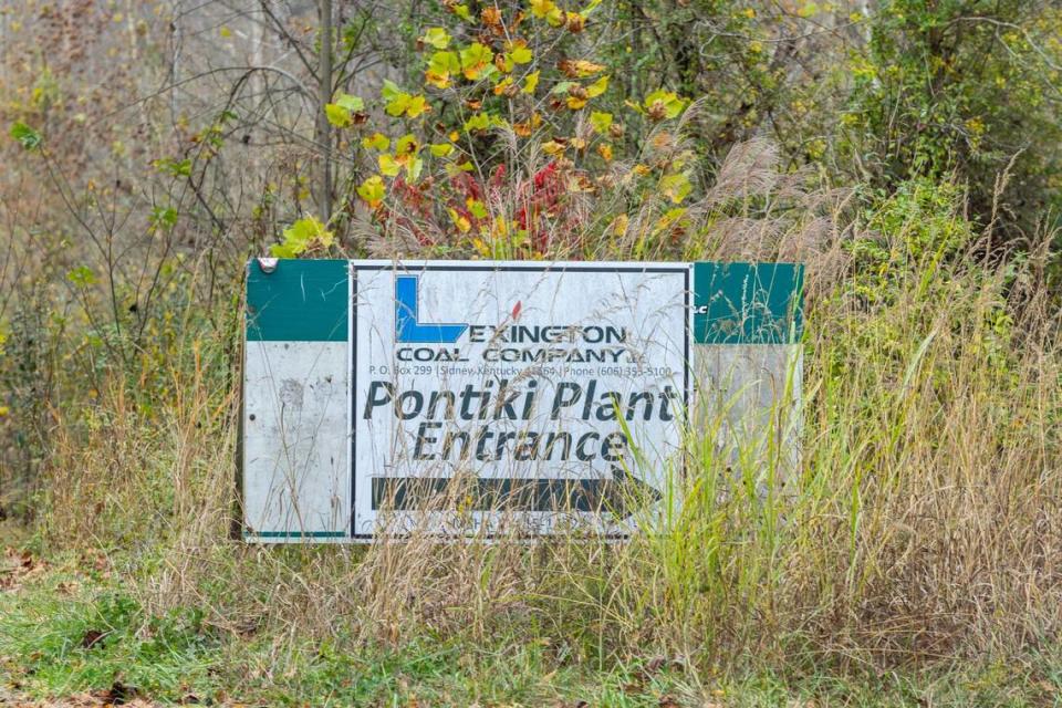 A plant entrance sign stands near a road leading to the area where a rescue operation is underway for two workers trapped inside a collapsed coal preparation plant in Martin County, Ky., on Wednesday, Nov. 1, 2023. Ryan C. Hermens/rhermens@herald-leader.com