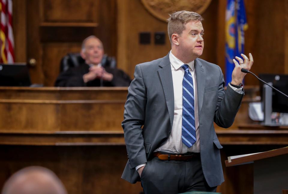 Brown County Deputy District Attorney Caleb Saunders delivers his opening statement to the jury on Monday at the Brown County Courthouse in Green Bay.