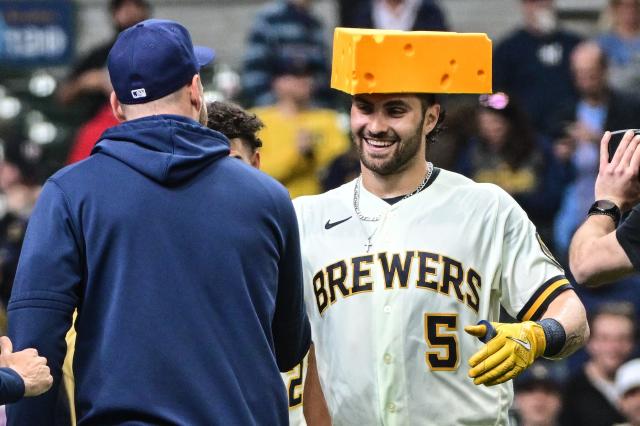 Brewers' Garrett Mitchell celebrates first homer with wife Haley Cruse