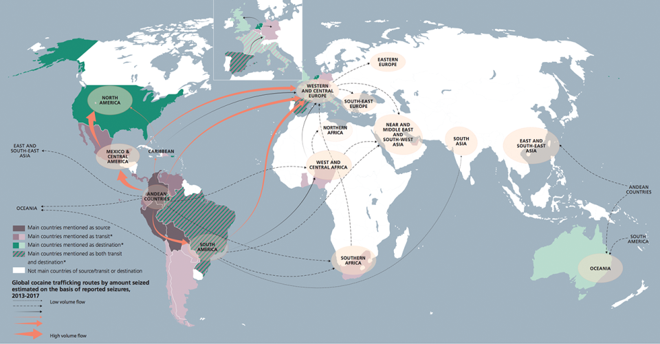 Estas son las principales rutas de tráfico de cocaína en el mundo. (Gráfico: Informe Mundial sobre las Drogas de la UNODC 2019)