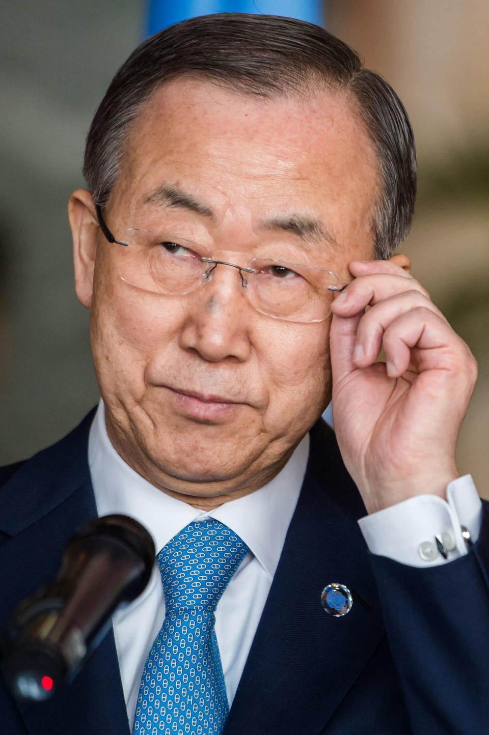 FILE-In this file photo taken on Tuesday April 1, 2014, United Nations Secretary General Ban Ki-moon addresses the media after the International Conference on Genocide Prevention at the Egmont Palace in Brussels. U.N. Secretary-General Ban Ki-moon vowed Saturday, April 5, 2014, that the world would not forget Central African Republic, as he visited the country wracked by sectarian violence that has left thousands dead and forced most of the nation's Muslims to flee. (AP Photo/Geert Vanden Wijngaert,File)