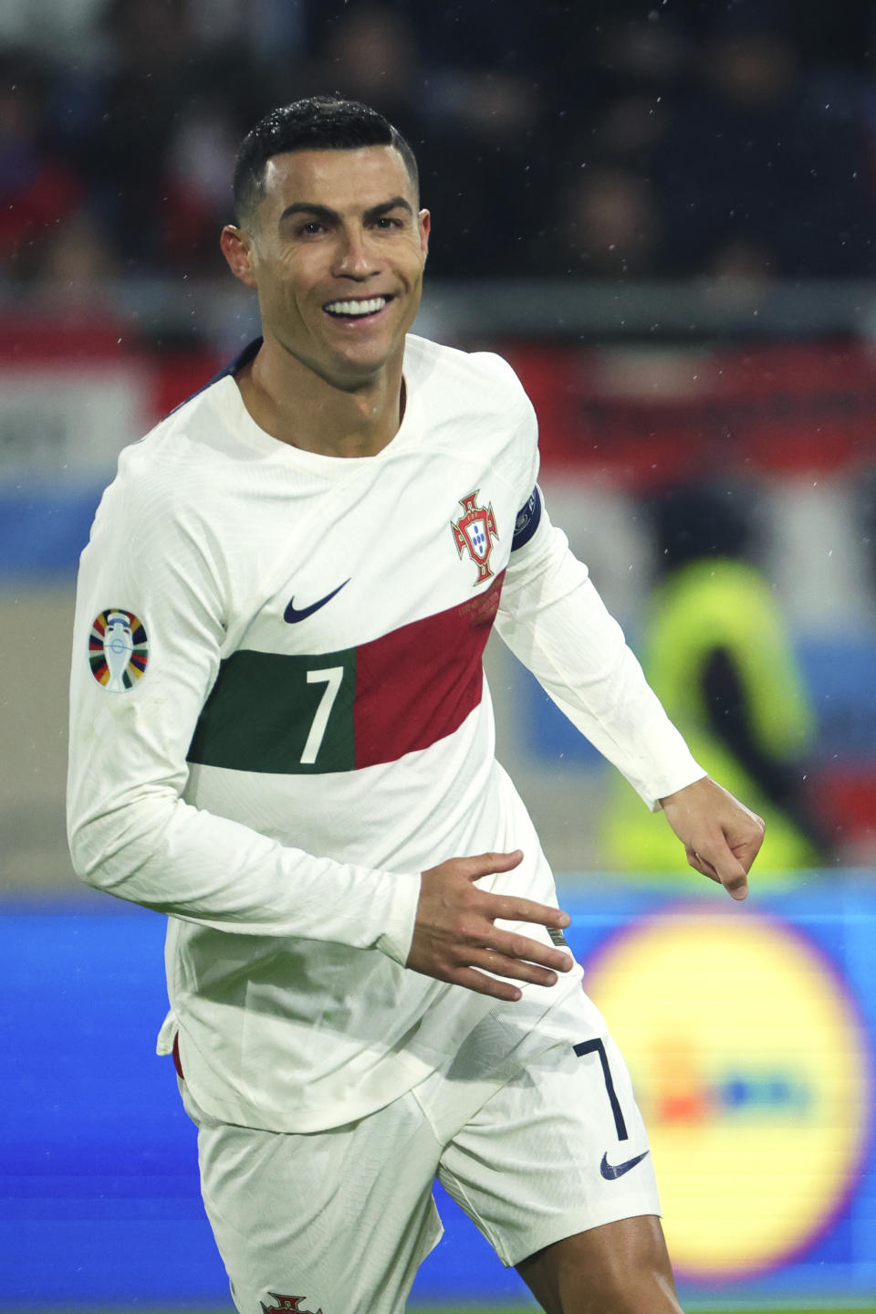 Portugal's Cristiano Ronaldo in action during the Euro 2024 group J qualifying soccer match between Luxembourg and Portugal at the Stade de Luxembourg in Luxembourg, Sunday, March 26, 2023. (AP Photo/Olivier Matthys)