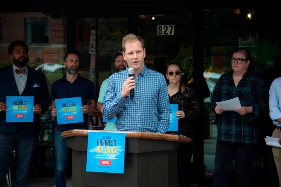 David Meeker, co-owner of Trophy Brewing, speaks Monday, May 15, 2023 during a press conference organized by Triangle business leaders who urged the the General Assembly to abandon its push for an abortion restriction bill.