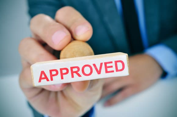 A person holds a rubber stamp in his hand with the word approved printed on it.