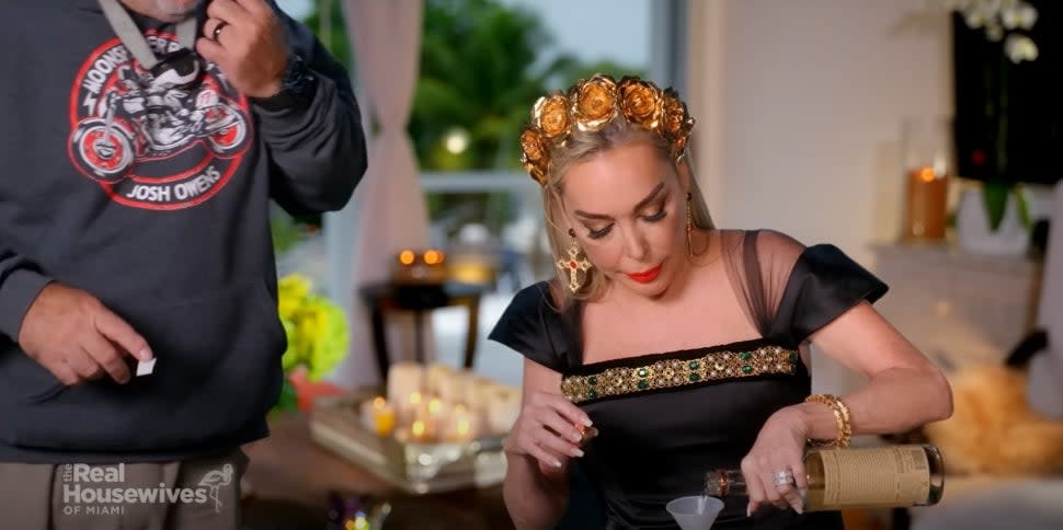 Marysol Patton crafts a cocktail while filming a confessional for The Real Housewives of Miami season 5