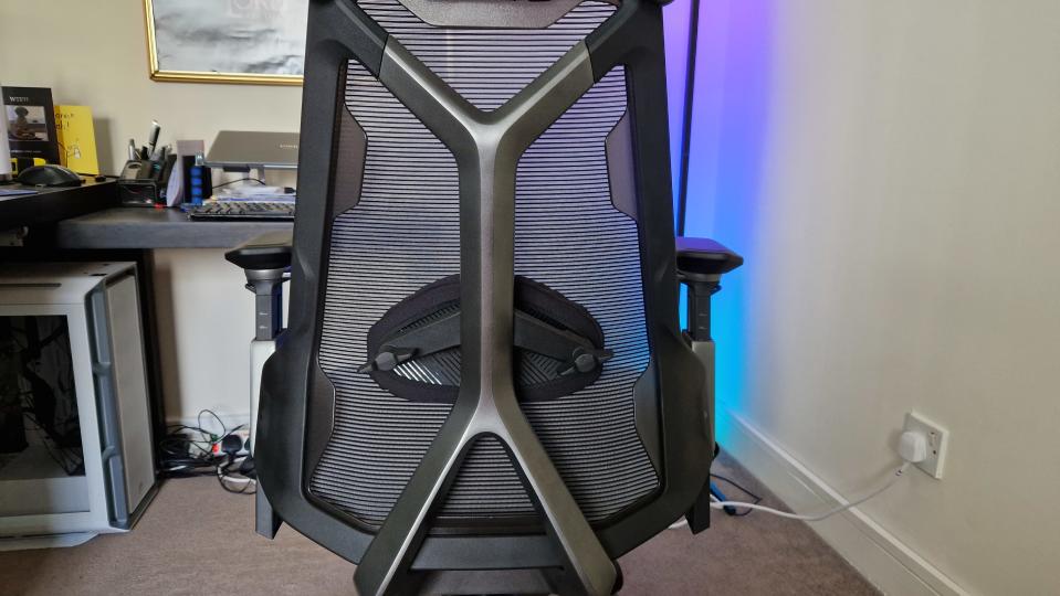 Asus ROG Destrier Ergo Gaming Chair from behind showing the aluminium frame