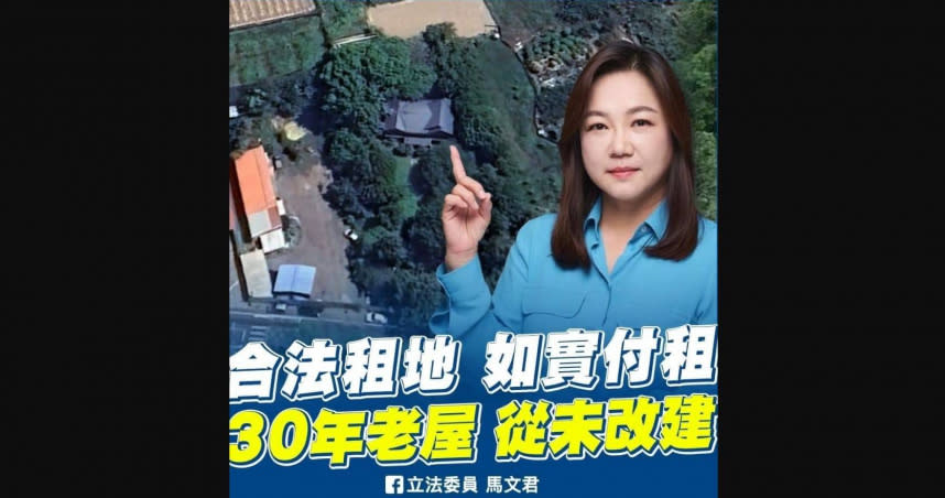 對綠營再度指控她佔有國產地蓋違建，南投國民黨立委馬文君今天在臉書上發文自親，強調她「合法承租，如實付租；如實繳稅」，呼籲綠營若關心土地正義，也應當去看看「新北萬里的那座違建」。（圖／翻攝自馬文君臉書）