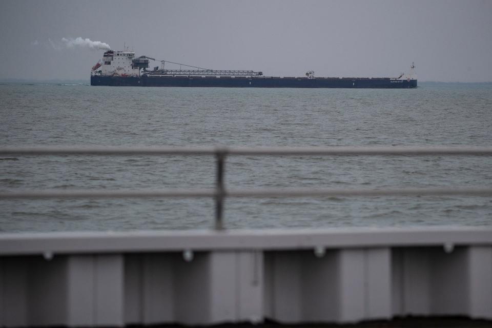 Freighter Algoma Sault travels on Lake St. Clair, as it passes Pier Park in Grosse Pointe Farms on Dec. 22, 2022.