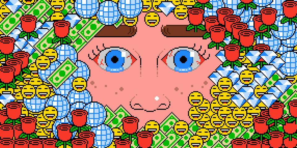 Gif of a face with watering, strained eyes is obscured by floating emojis of happy faces, dollar bills, disco balls, roses, and diamonds.
