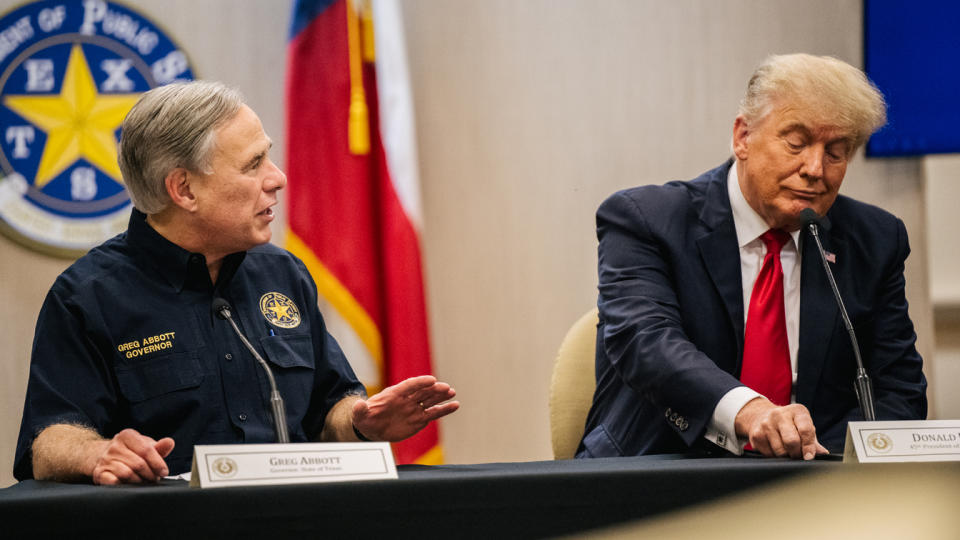 Texas Gov. Greg Abbott addresses former President Donald Trump during a border security briefing to discuss further plans in securing the southern border wall on June 30, 2021 in Weslaco, Texas. (Brandon Bell/Getty Images)