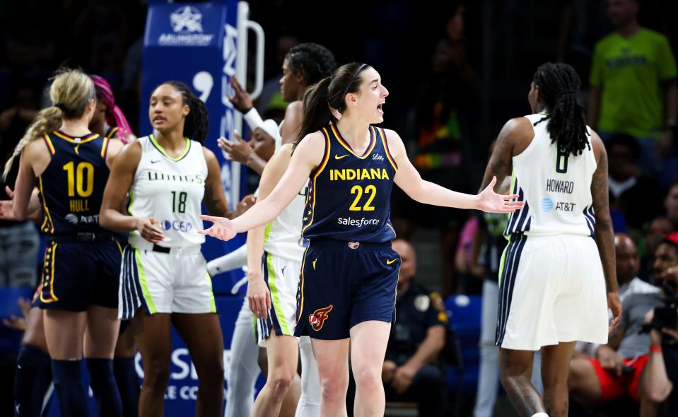 May 3, 2024; Dallas, Texas, USA; Indiana Fever guard Caitlin Clark (22) reacts during the second half against the Dallas Wings at College Park Center. Mandatory Credit: Kevin Jairaj-USA TODAY Sports