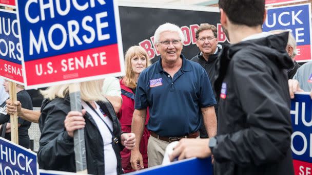 PHOTO: Republican Senate candidate Chuck Morse greets supporters during a campaign stop to the Bedford High School polling location in Bedford, N.H., Sept. 13, 2022. (Scott Eisen/Getty Images)