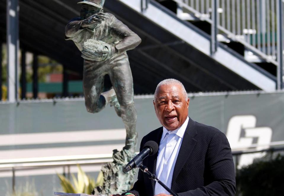 Cal Poly baseball legend and MLB Hall of Famer Ozzie Smith returned to Cal Poly for the re-dedication of his statue and the plaza at Baggett Stadium in San Luis Obispo on March 25, 2023.