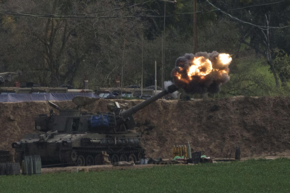 An Israeli mobile artillery unit fires a shell from southern Israel towards the Gaza Strip, in a position near the Israel-Gaza border, Thursday, Feb. 22, 2024. (AP Photo/Leo Correa)