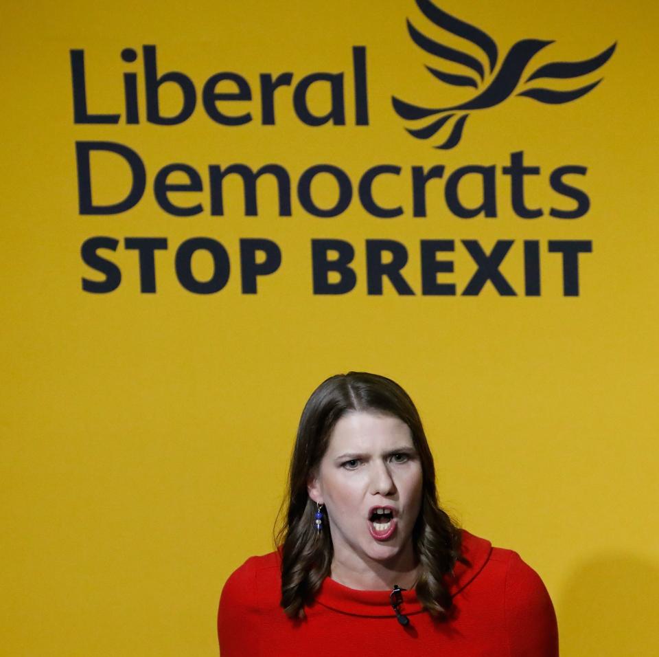 New Liberal Democrat leader Jo Swinson speaks on stage at an event annoucing the result of the leadership contest in central London on July 22, 2019. - Jo Swinson, Vince Cable's deputy for two years, was unveiled as the new leader of the Liberal Democrats. (Photo by Tolga AKMEN / AFP)        (Photo credit should read TOLGA AKMEN/AFP/Getty Images)