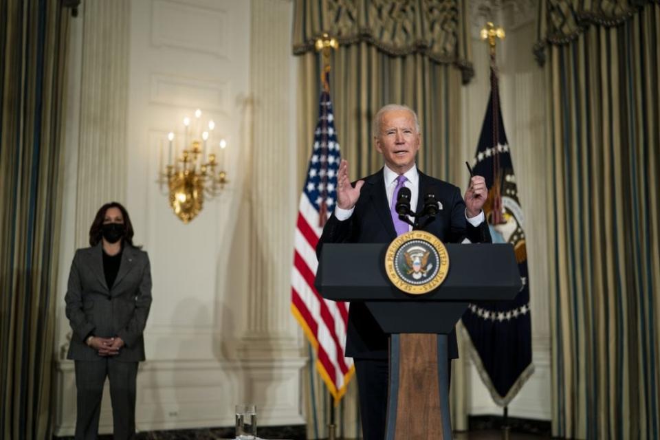 U.S. President Joe Biden speaks about his racial equity agenda in the State Dining Room of the White House on January 26, 2021 in Washington, DC. (Photo by Doug Mills-Pool/Getty Images)