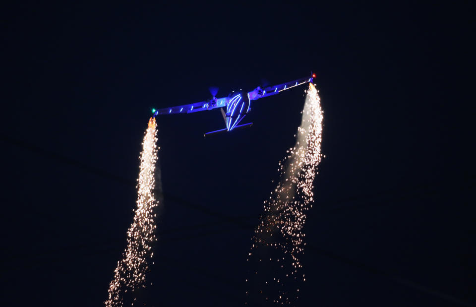 LONDON, ENGLAND - AUGUST 29: A flypast is seen during the Opening Ceremony of the London 2012 Paralympics at the Olympic Stadium on August 29, 2012 in London, England. (Photo by Chris Jackson/Getty Images)