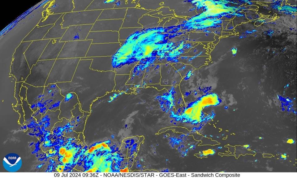 Tropical conditions 6 a.m. July 9, 2024, showing Tropical Depression Beryl over the U.S.