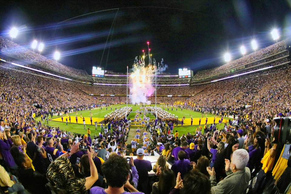 BATON ROUGE, LA - OCTOBER 12: General view of the LSU Tigers runout against Florida Gators on October 12, 2019 at the Tiger Stadium in Baton Rouge, LA. (Photo by Stephen Lew/Icon Sportswire via Getty Images)