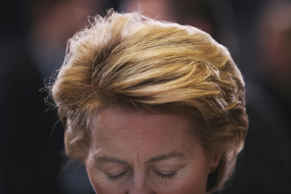 German's Defense Minister Ursula Von Der Leyen looks at her papers during the second day of a NATO defense ministers meeting at NATO headquarters in Brussels, Thursday, Feb. 14, 2019. NATO defense ministers are discussing the future of the alliance's operation in Afghanistan and how best to use its military presence to support political talks aimed at ending the conflict. (AP Photo/Francisco Seco)