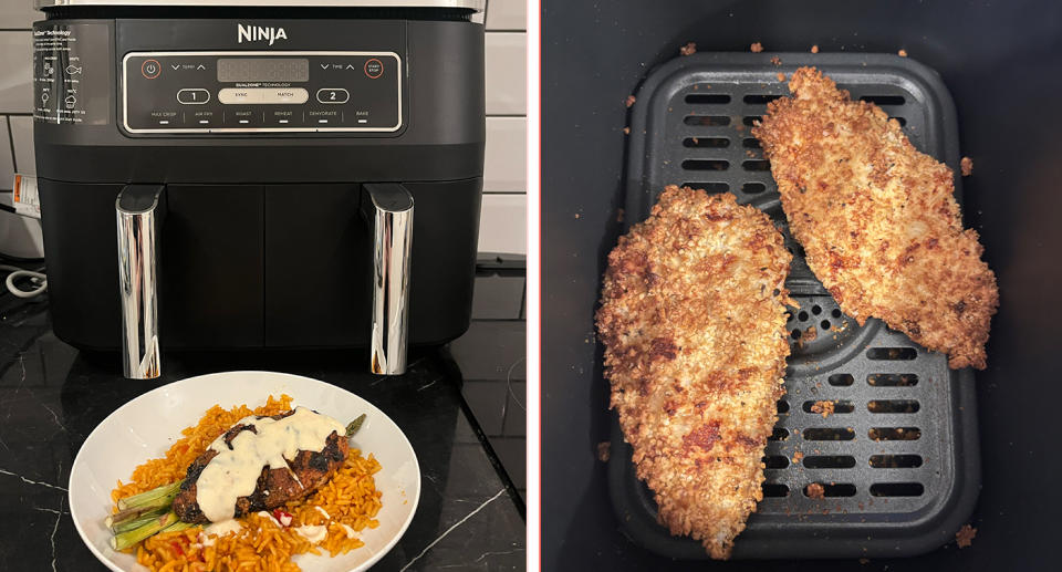 One of our shopping editors is a huge fan of Ninja's air fryers and has used the appliance to make breaded chicken breasts with spicy rice, potato and bacon breakfast hash and cod tacos. (Yahoo Life UK)