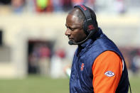 Syracuse head coach Dino Babers watches from the sideline during the first half of of an NCAA college football game against Virginia Tech in Blacksburg Va., Saturday, Oct. 23 2021. (Matt Gentry/The Roanoke Times via AP)