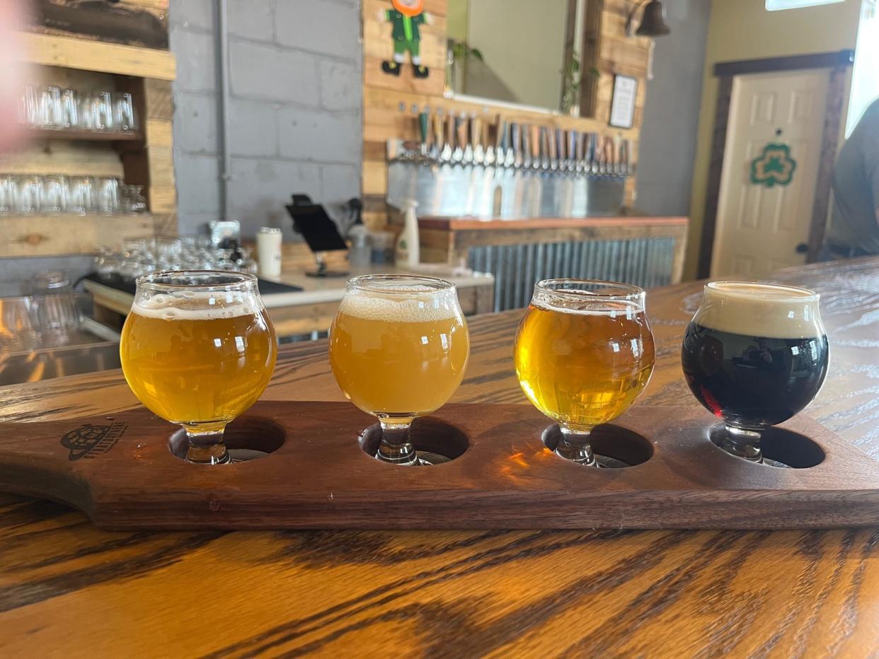 A beer flight, from Pilsner to Irish stout, at Mount Holly's Stratosphere Brewing Company on their first day, March 17, 2023