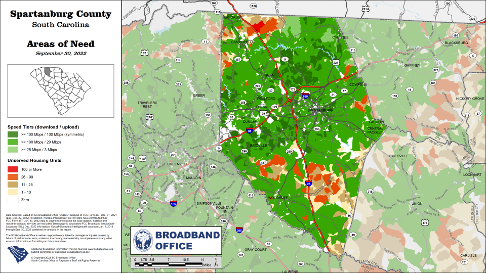 Areas shaded in orange and red in Spartanburg County are identified as those not served by high-speed Internet, according to the South Carolina Broadband Office.