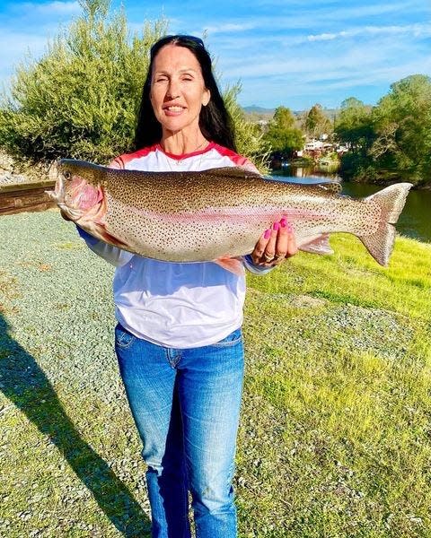 Lucinda Witte landed this 11.48-pound Cutbow while trolling a red Rapala near the mouth of Jackson Creek at Lake Amador on Thursday, Feb. 23, 2023.