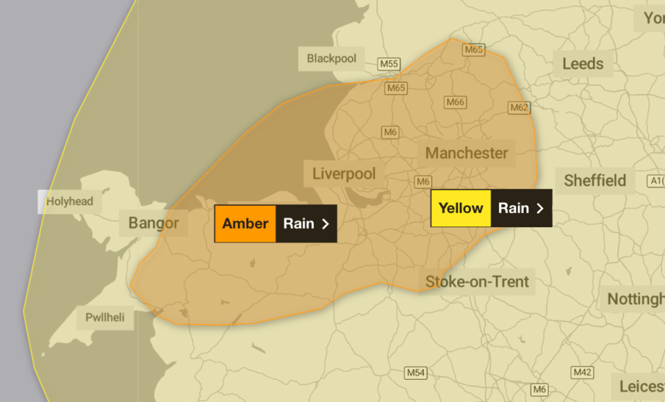 An amber weather warning is in place across parts of north Wales and northwest England, including Manchester and Liverpool, between 12pm on Tuesday and 12pm on Wednesday (Met Office)