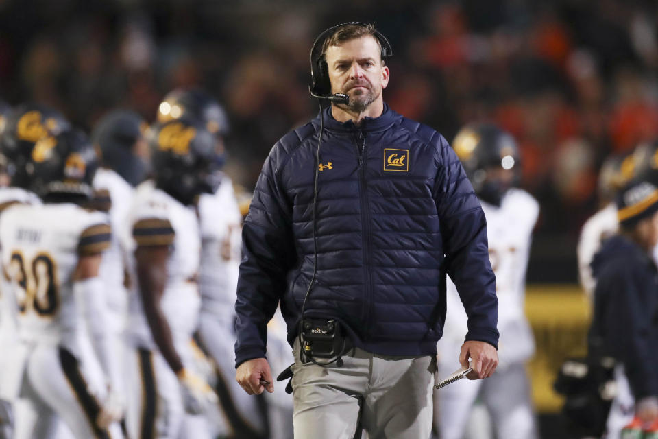 California head coach Justin Wilcox walks along the sideslines during the first half of an NCAA college football game against Oregon State on Saturday, Nov 12, 2022, in Corvallis, Ore. (AP Photo/Amanda Loman)