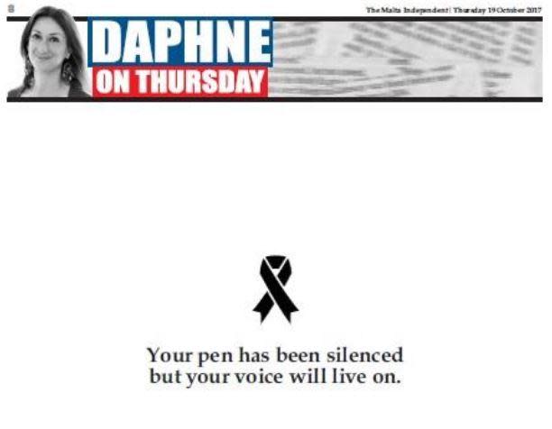 Galizia's Daphne on Thursday column was replaced with a stark tribute (The Malta Independent)