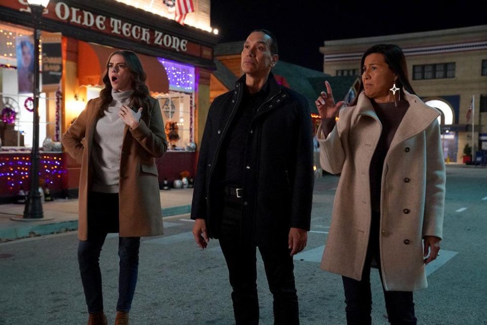 "Rutherford Falls" Season 2 still of Feather Day (Kaniehtiio Horn),  Terry Thomas (Michael Greyeyes) and Renee Thomas (Kimberly Guerrero).