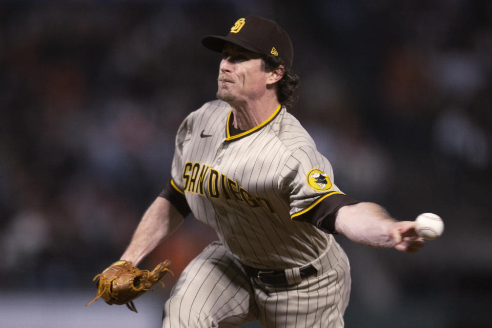 San Diego Padres pitcher Tim Hill delivers against the San Francisco Giants during the fourth inning of a baseball game Tuesday, Sept. 14, 2021, in San Francisco. (AP Photo/D. Ross Cameron)
