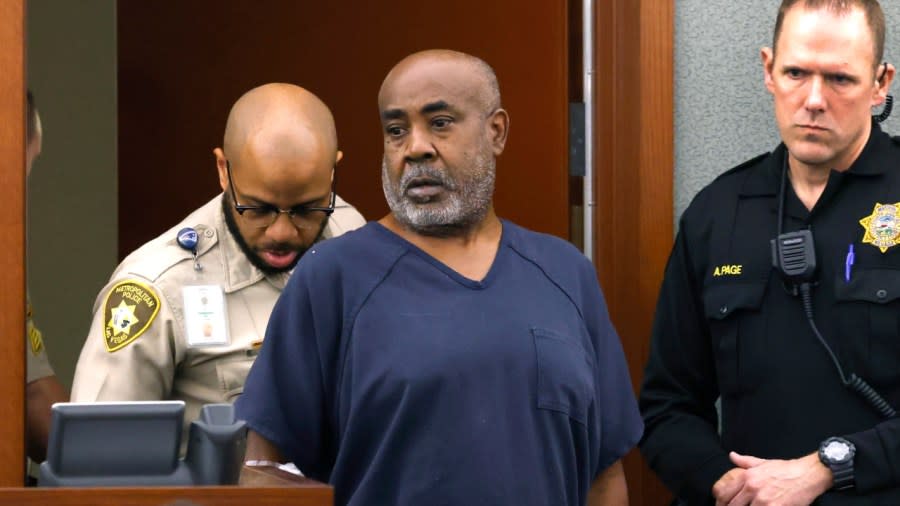 Duane “Keffe D” Davis is led into the courtroom at the Regional Justice Center on Wednesday, Oct. 4, 2023, in Las Vegas. Davis has been charged in the 1996 fatal drive-by shooting of rapper Tupac Shakur. Davis, 60, was arrested Sept. 29, 2023, and charged with orchestrating the drive-by shooting of Shakur near the Las Vegas Strip that also wounded rap music mogul Marion “Suge” Knight. (Photo: Bizuayehu Tesfaye/Las Vegas Review-Journal, Pool)