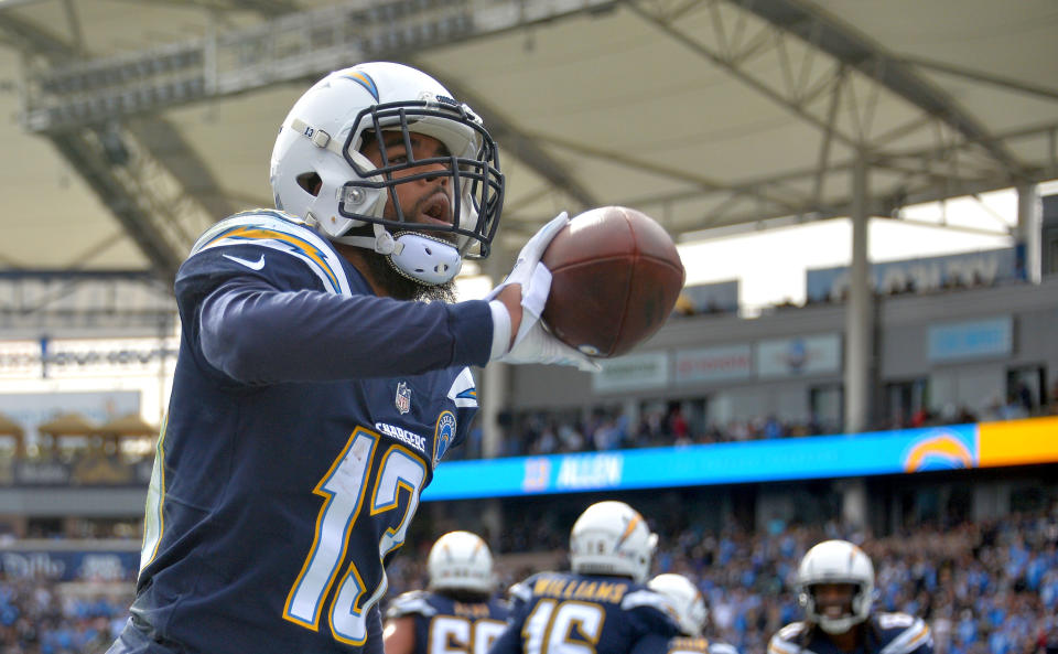 CARSON, CA - DECEMBER 09: Los Angeles Chargers wide receiver Keenan Allen (13) tosses the football into the stands after his first quarter touchdown reception at StubHub Center in Carson on Sunday, Dec. 9, 2018. (Photo by Scott Varley/Digital First Media/Torrance Daily Breeze via Getty Images)