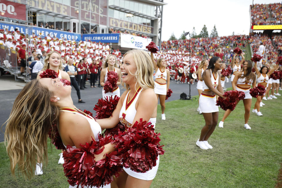 Iowa State cheerleaders celebrate a touchdown during the second overtime of an NCAA college football game against Northern Iowa, Saturday, Aug. 31, 2019, in Ames, Iowa. (AP Photo/Matthew Putney)