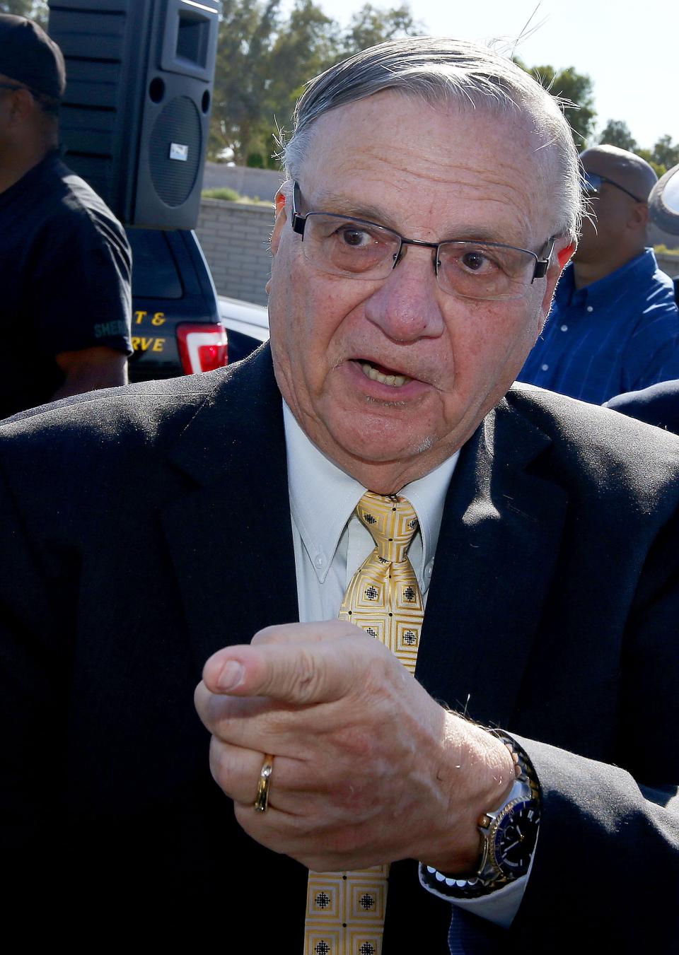 Maricopa County Sheriff Joe Arpaio talks about inmate Andrew Ward who was arrested on suspicion of first-degree murder in the Wednesday night killing of cellmate Douglas Walker in a Maricopa County jail, after a news conference, Thursday, April 3, 2014, in Sun City, Ariz. (AP Photo/Ross D. Franklin)