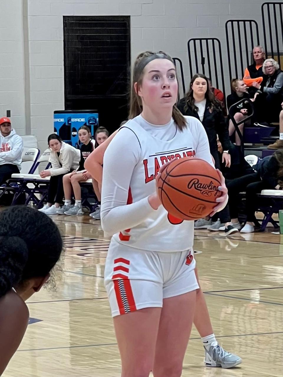 North Union's Abbey Price shoots a free throw against Bexley during a Division II girls basketball district championship game Saturday at Capital University.