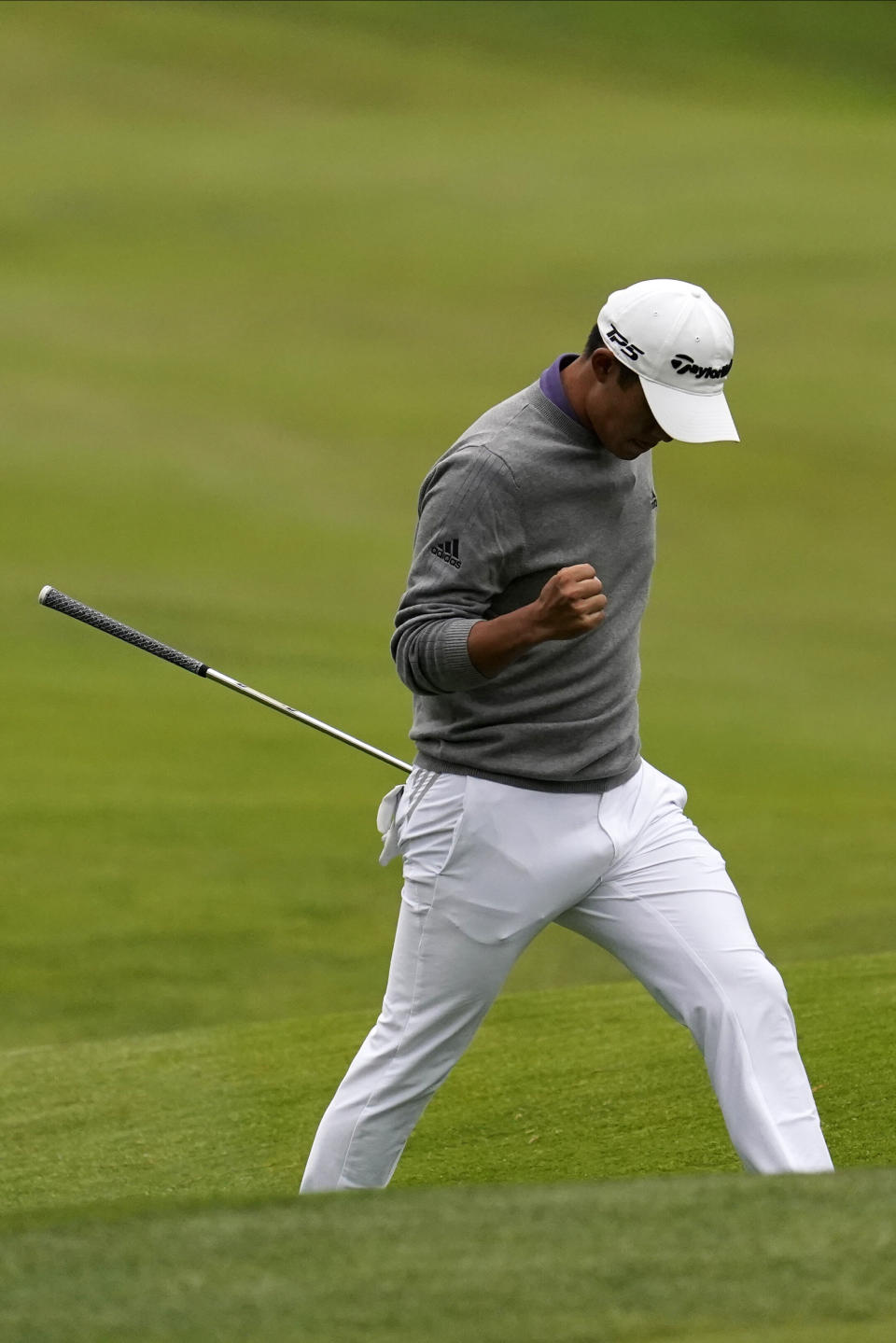 Collin Morikawa celebrates after a birdie on the 14th hole during the final round of the PGA Championship golf tournament at TPC Harding Park Sunday, Aug. 9, 2020, in San Francisco. (AP Photo/Jeff Chiu)