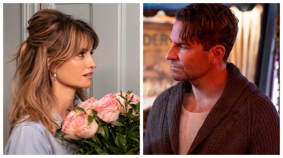 Penelope Cruz in "Parallel Mothers," left, and Bradley Cooper in "Nightmare Alley."