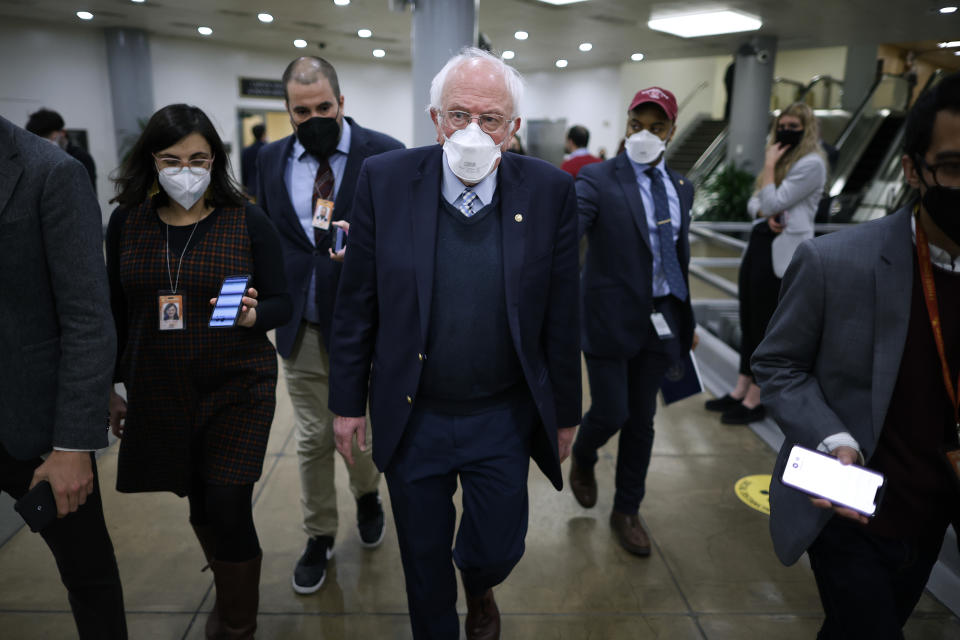 Sen. Bernie Sanders, I-Vt., leaves the Capitol following a vote. 