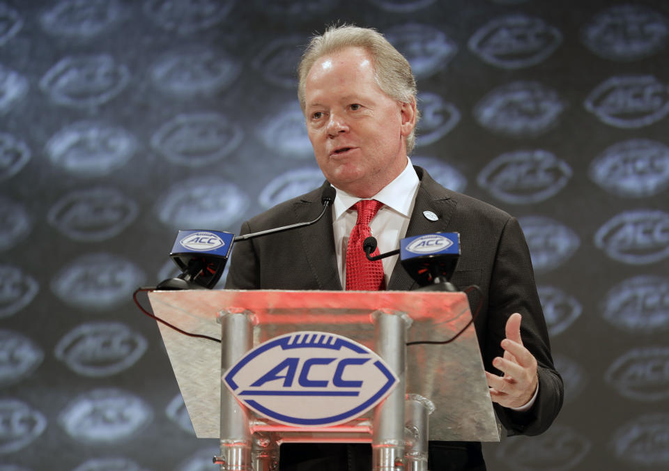 Louisville head coach Bobby Petrino answers a question during a news conference at the NCAA Atlantic Coast Conference college football media day in Charlotte, N.C., Thursday, July 19, 2018. (AP)