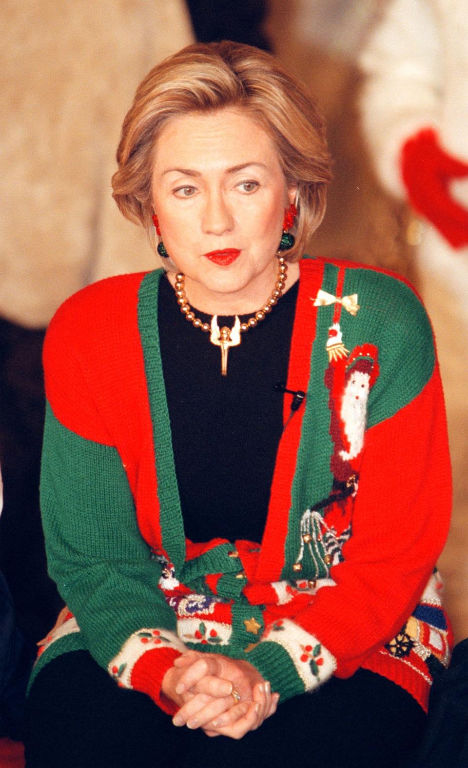 Hilary Clinton wears a Christmas sweater in 1998.