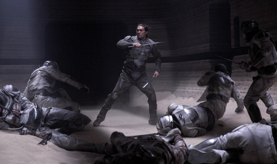 This image released by Warner Bros. Pictures shows Jason Momoa in a scene from "Dune." (Warner Bros. Pictures via AP)