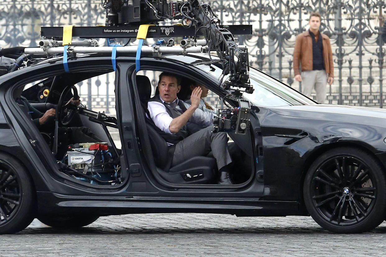 Actor Tom Cruise and actress Hayley Atwell handcuffed together filming a thrilling chase with cars on the set of the film Mission Impossible 7 in Piazza Venezia, just in front of the Victor Emmanuel II Monument (Tomb of the Unknown Soldier). Rome (Italy), November 29th 2020 (Photo by Samantha Zucchi/Insidefoto/Mondadori Portfolio via Getty Images)